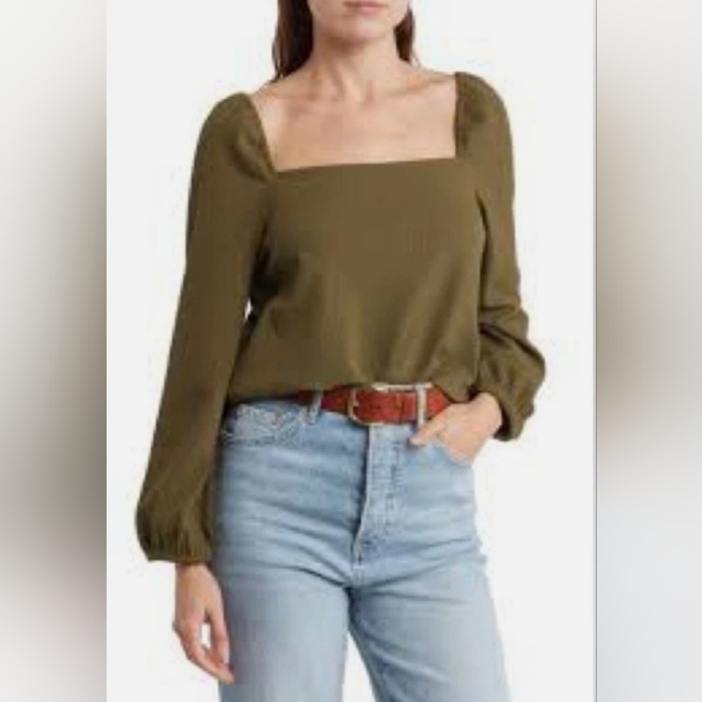 Madewell Square Neck Blouse Top Puffed Balloon Sleeves Olive Green Size Large